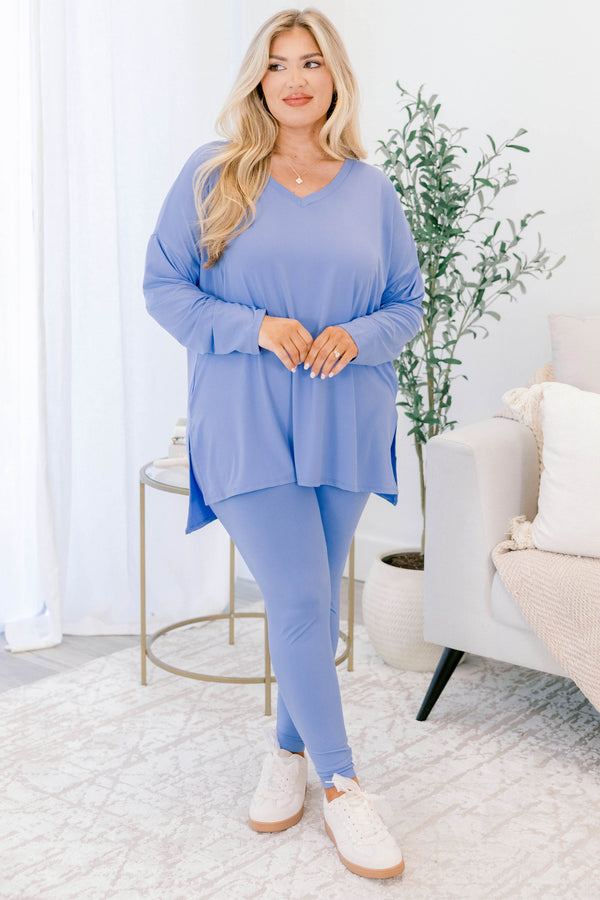 Chic Soul plus size clothing, cornflower blue long sleeve v-neckline top with side slits and cornflower blue leggings matching 