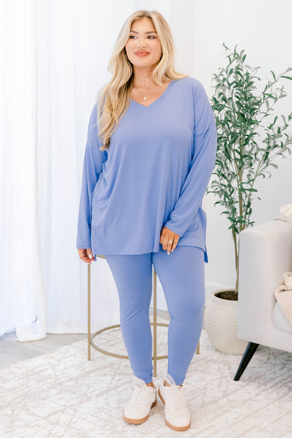 Chic Soul plus size clothing, cornflower blue long sleeve v-neckline top with side slits and cornflower blue leggings matching 
