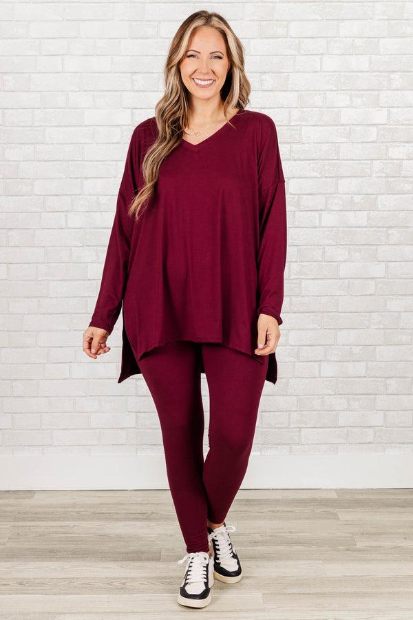 Chic Soul plus size clothing, dark burgundy long sleeves top with leggings set