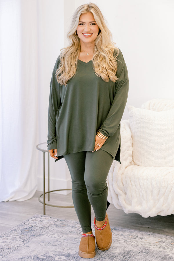 Chic Soul plus size clothing, olive green long sleeve tunic and leggings set 