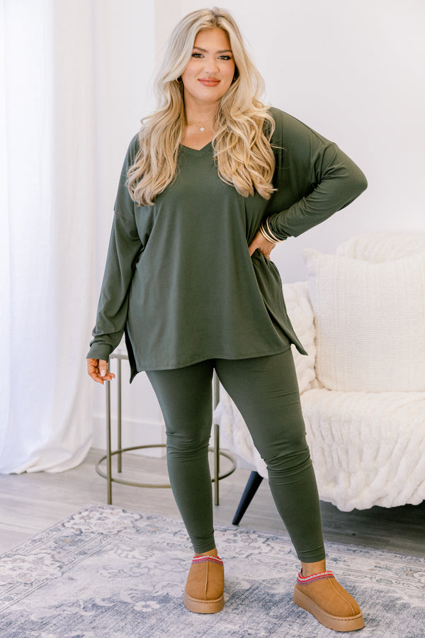 Chic Soul plus size clothing, olive green long sleeve tunic and leggings set 