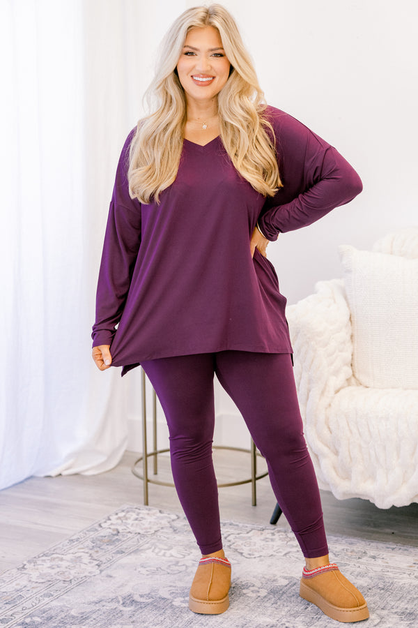 Chic Soul plus size clothing, dark purple long sleeve tunic and leggings set 