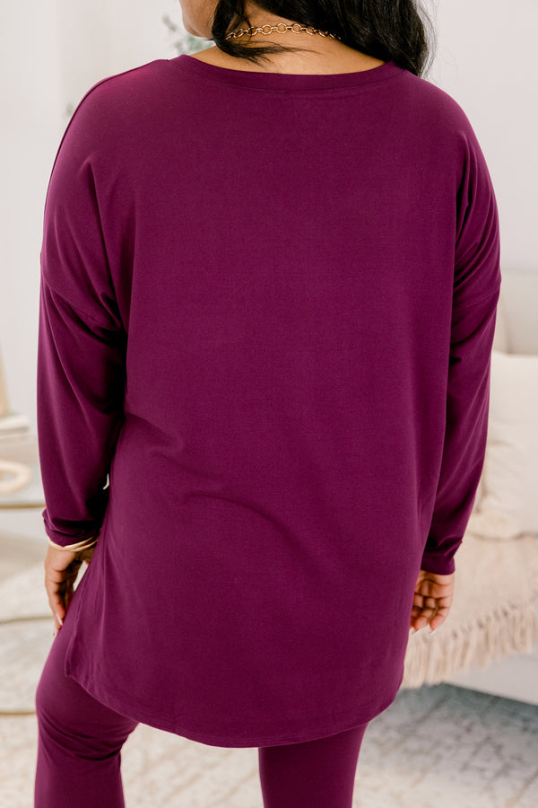 Chic Soul plus size clothing, plum purple long sleeve v-neckline top with side slits and plum purple leggings matching set