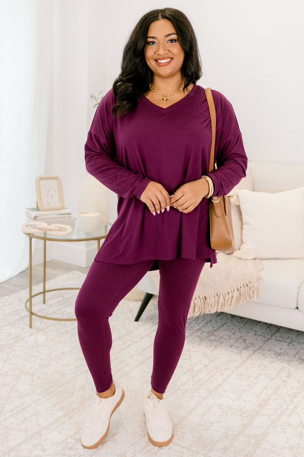 Chic Soul plus size clothing, plum purple long sleeve v-neckline top with side slits and plum purple leggings matching set