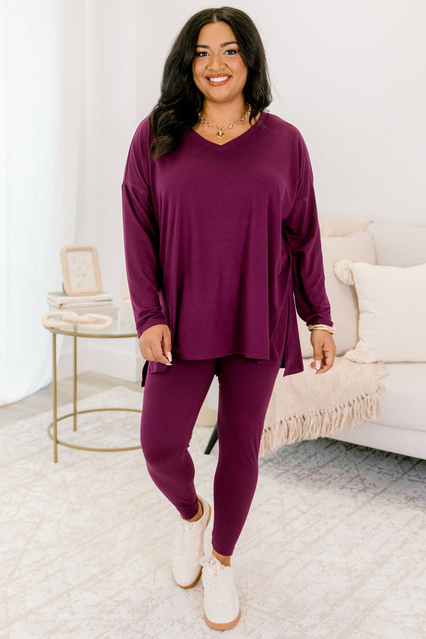 Chic Soul plus size clothing, plum purple long sleeve v-neckline top with side slits and plum purple leggings matching set