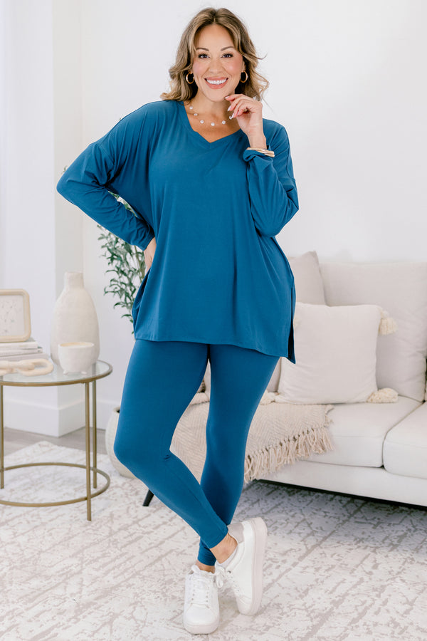 Chic Soul plus size clothing, teal stretchy top and leggings lounge set