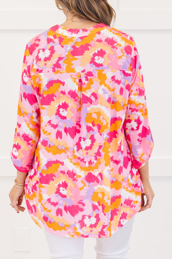 Chic Soul plus size clothing, pink three quarter length sleeve top with v neckline and button detail on sleeve with abstract orange/pink/purple print