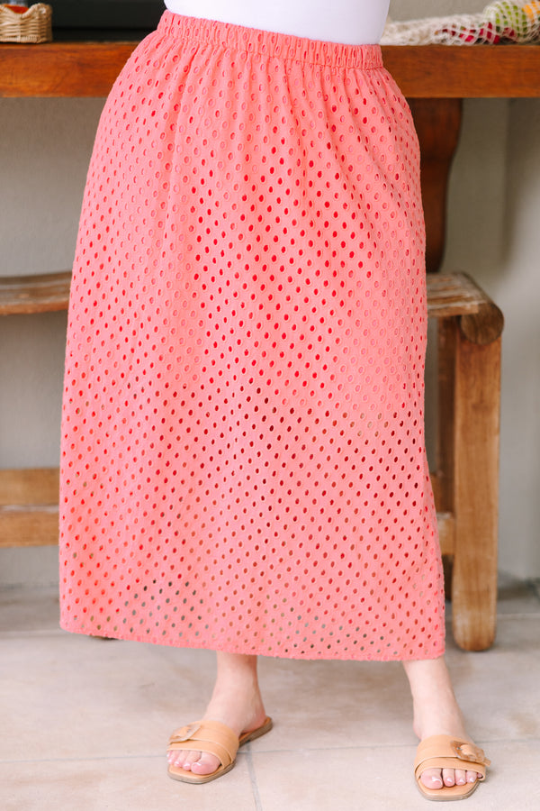 Plus Size coral eyelet midi skirt with an elastic waistband and a relaxed fit.