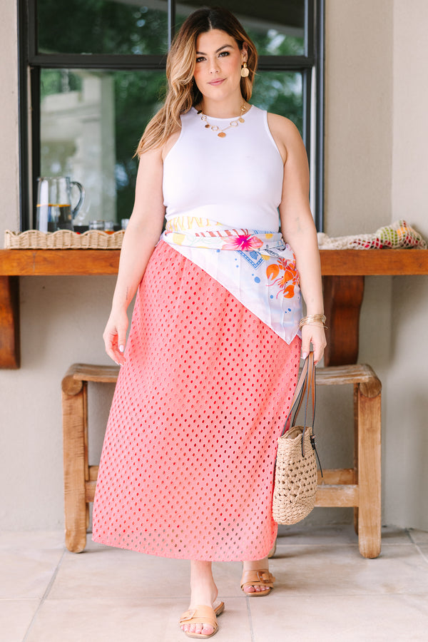 Plus Size coral eyelet midi skirt with an elastic waistband and a relaxed fit.
