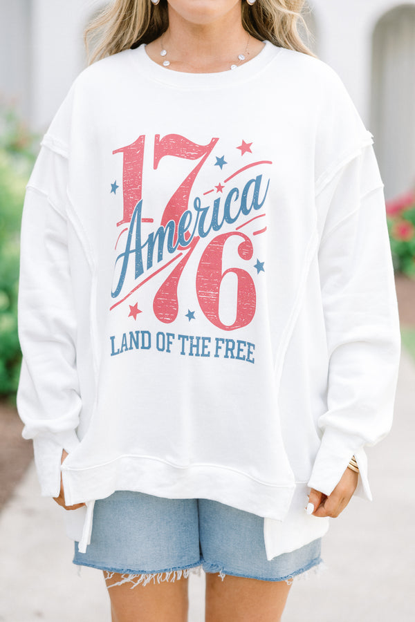 Plus Size ivory crew neck sweatshirt with a red and blue 1776 America graphic.