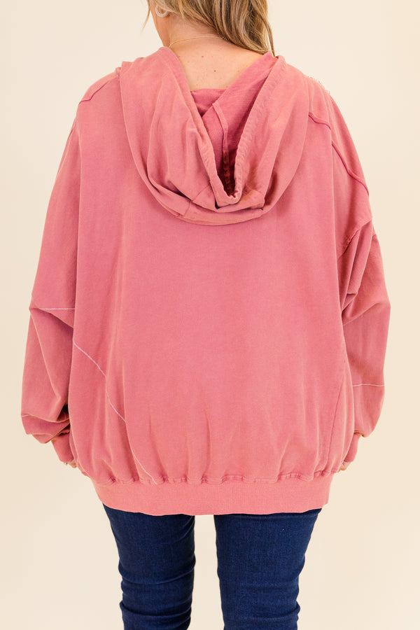Chic Soul plus size clothing, faded pink oversized long-sleeve hoodie with distressed stitching and ribbed neckline detailing 