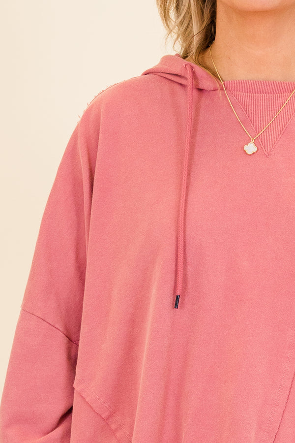 Chic Soul plus size clothing, faded pink oversized long-sleeve hoodie with distressed stitching and ribbed neckline detailing 