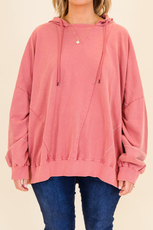 Chic Soul plus size clothing, faded pink oversized long-sleeve hoodie with distressed stitching and ribbed neckline detailing 