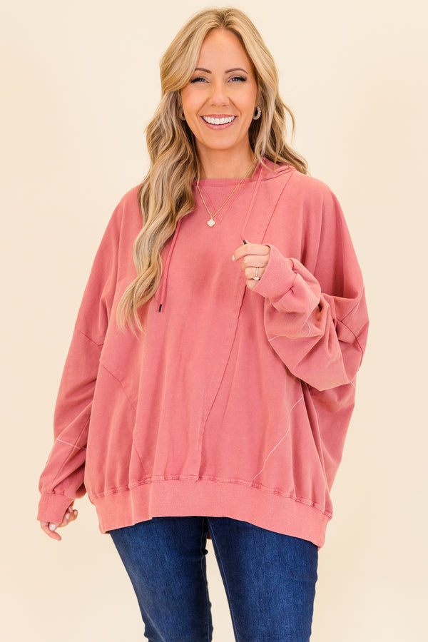 Chic Soul plus size clothing, faded pink oversized long-sleeve hoodie with distressed stitching and ribbed neckline detailing 