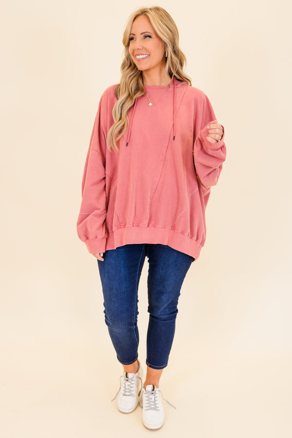 Chic Soul plus size clothing, faded pink oversized long-sleeve hoodie with distressed stitching and ribbed neckline detailing 