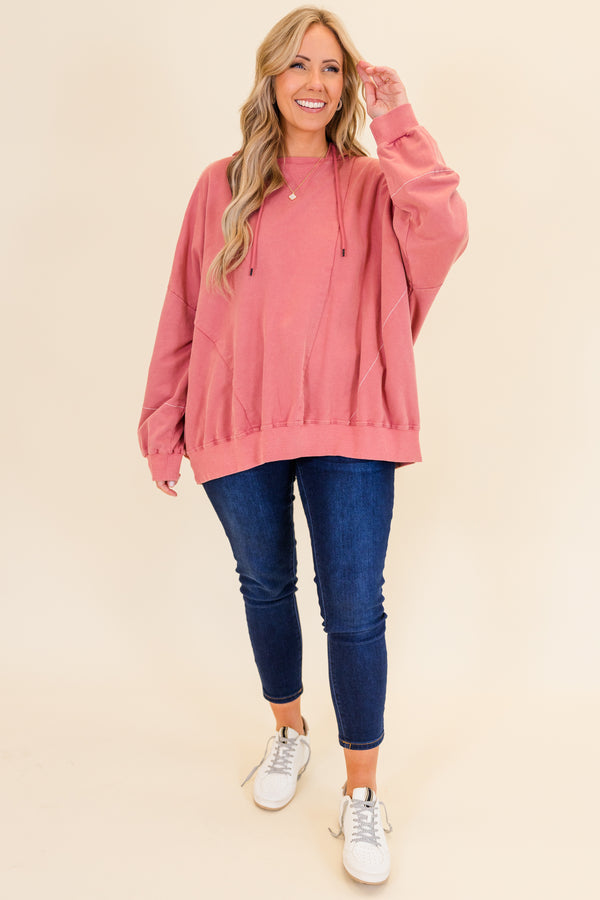 Chic Soul plus size clothing, faded pink oversized long-sleeve hoodie with distressed stitching and ribbed neckline detailing 