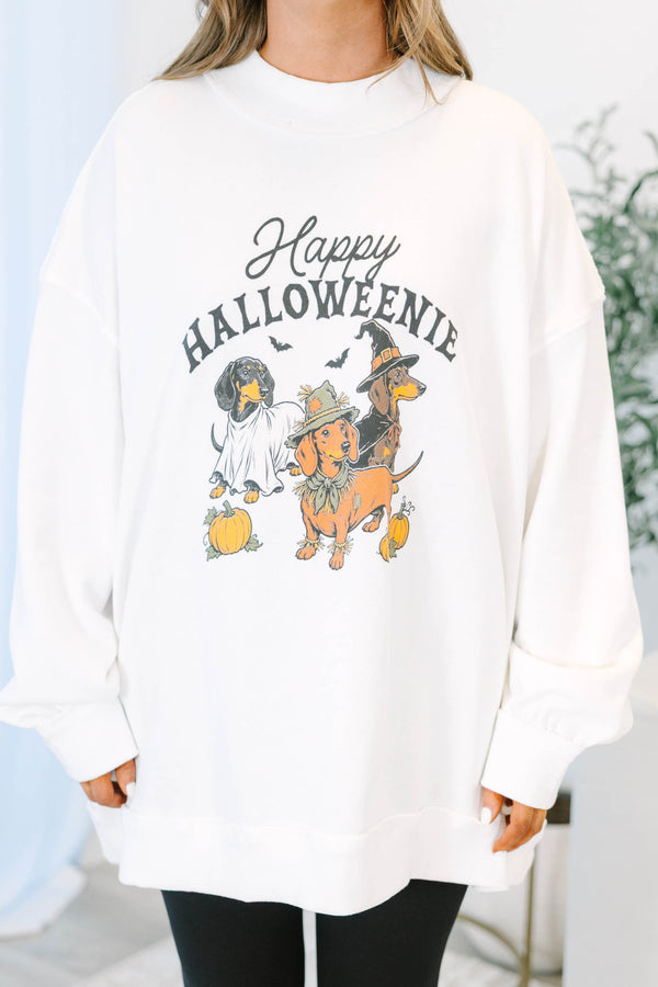 Plus size ivory mock neck pullover featuring a Happy Halloweenie dachshund graphic and flowy fit.