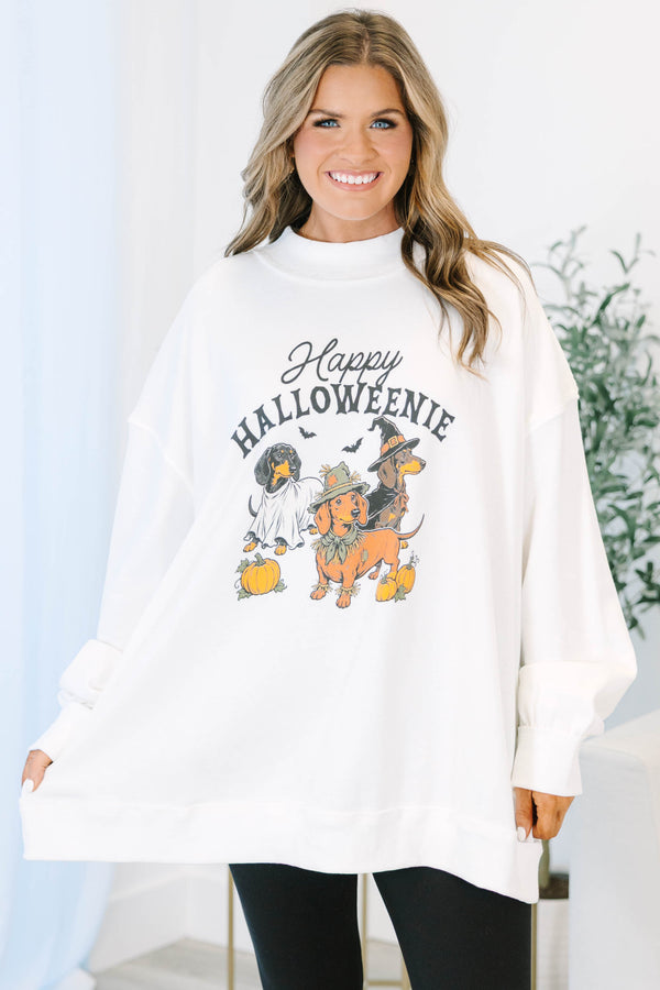 Plus size ivory mock neck pullover featuring a Happy Halloweenie dachshund graphic and flowy fit.