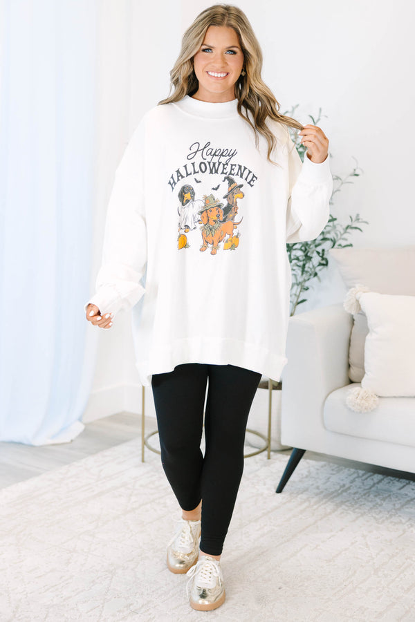 Plus size ivory mock neck pullover featuring a Happy Halloweenie dachshund graphic and flowy fit.