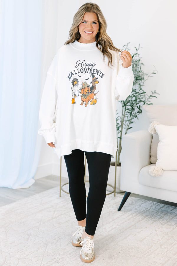 Plus size ivory mock neck pullover featuring a Happy Halloweenie dachshund graphic and flowy fit.