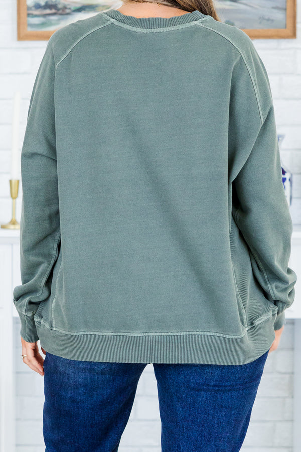 Chic Soul plus size clothing, long-sleeve ash jade grey green pullover sweatshirt with crew-neck