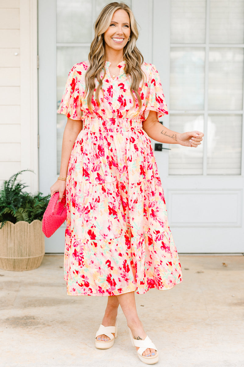 pink short midi dress Pink Short Puff Sleeve Shirred Midi Dress