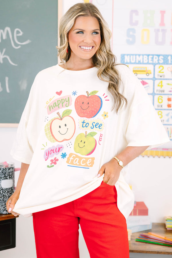 Plus size ivory oversized boyfriend tee with colorful apple graphics 