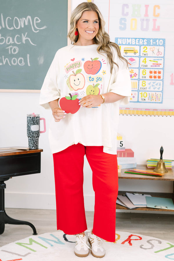 Plus size ivory oversized boyfriend tee with colorful apple graphics 