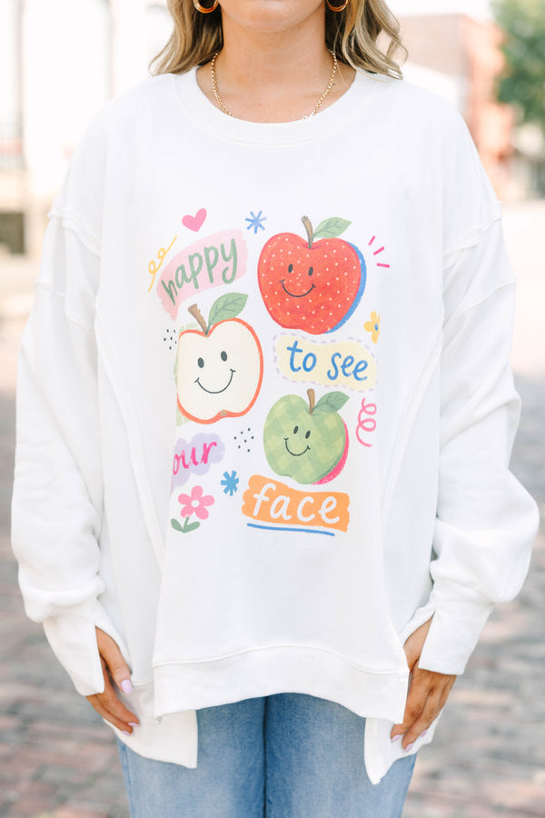Plus size ivory comfy crew neck sweatshirt with apple graphic with 'Happy To See Your Face' saying 