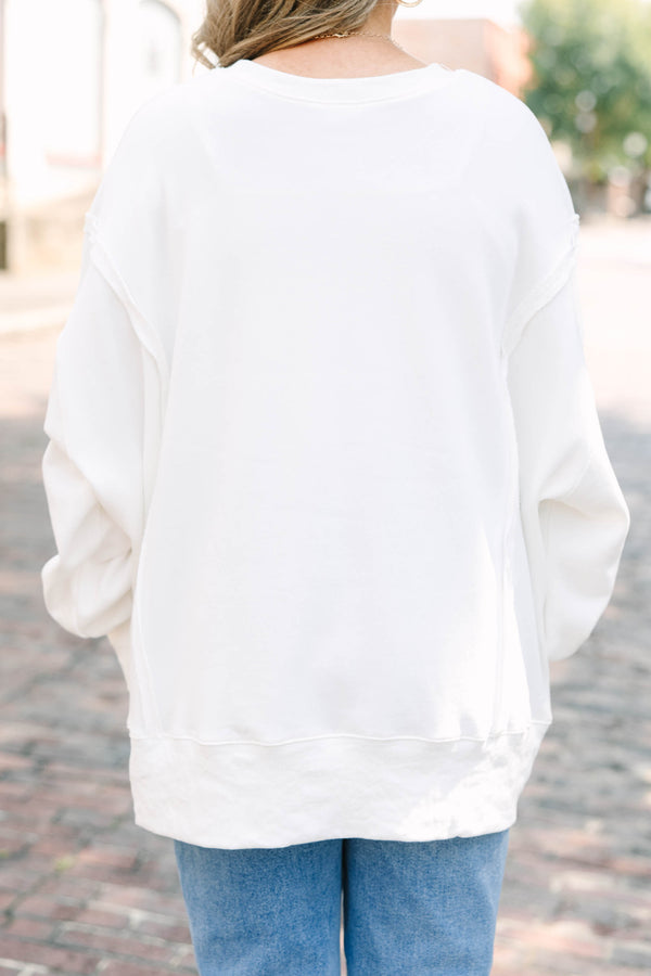 Plus size ivory comfy crew neck sweatshirt with apple graphic with 'Happy To See Your Face' saying 