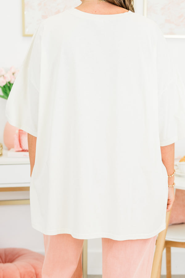 Chic Soul plus size clothing, short-sleeve ivory boyfriend tee with scoop-neckline and graphic art of several pink multi-colored hearts with graphic lettering stating 