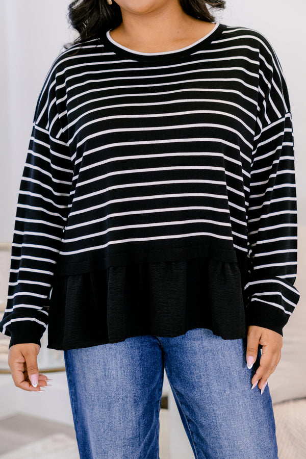 Chic Soul plus size clothing, black long sleeve crew neck top with thin white horizontal stripes and a ruffle hem
