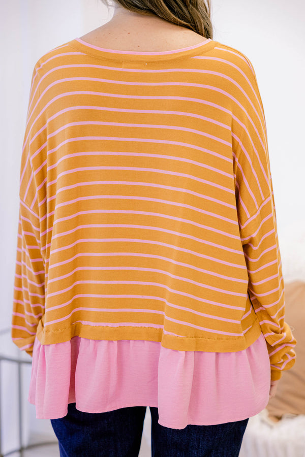Chic Soul plus size clothing, brown long sleeve top with thin light pink horizontal stripes and a light pink ruffle hem