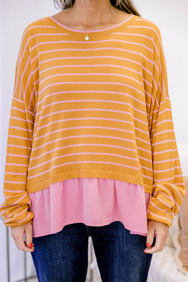 Chic Soul plus size clothing, brown long sleeve top with thin light pink horizontal stripes and a light pink ruffle hem