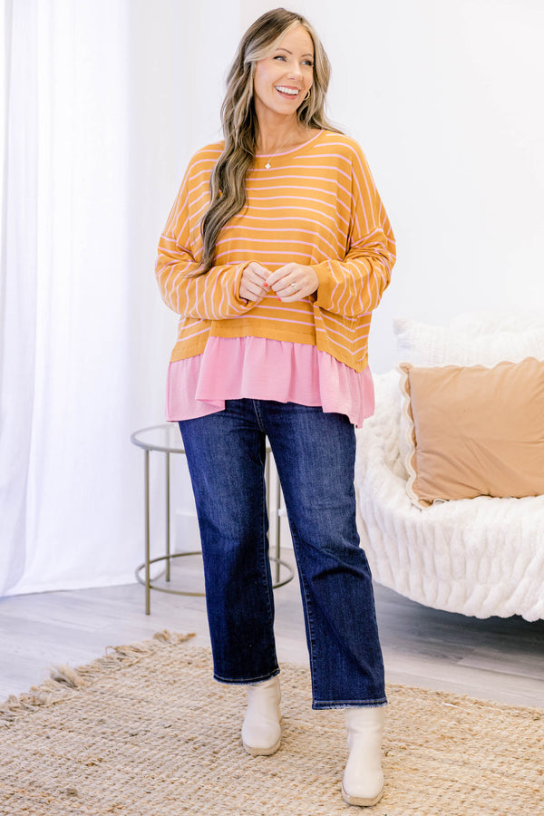 Chic Soul plus size clothing, brown long sleeve top with thin light pink horizontal stripes and a light pink ruffle hem