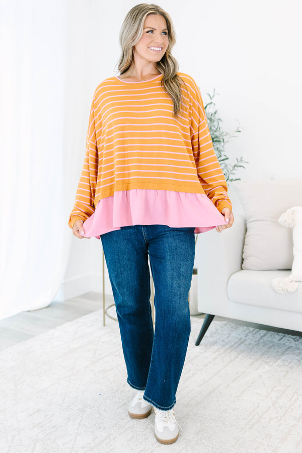 Chic Soul plus size clothing, brown long sleeve top with thin light pink horizontal stripes and a light pink ruffle hem