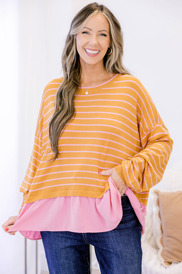Chic Soul plus size clothing, brown long sleeve top with thin light pink horizontal stripes and a light pink ruffle hem