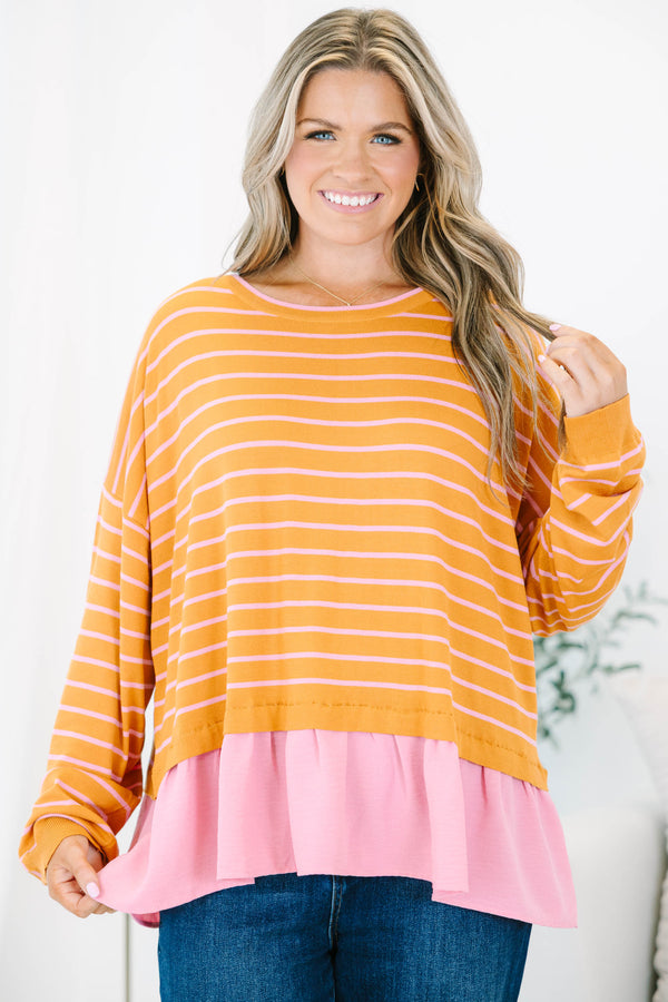 Chic Soul plus size clothing, brown long sleeve top with thin light pink horizontal stripes and a light pink ruffle hem