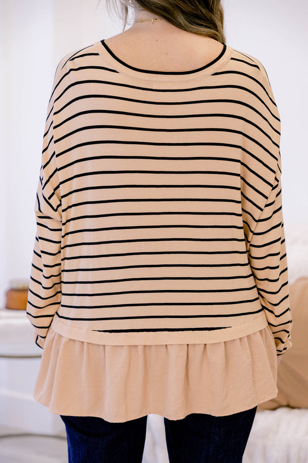 Chic Soul plus size clothing, khaki long sleeve top that has a black stiped pattern as well has a khaki ruffle detail at the bottom of the top 