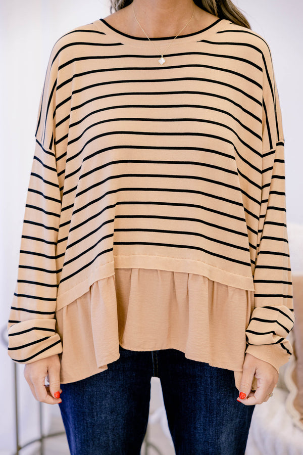 Chic Soul plus size clothing, khaki long sleeve top that has a black stiped pattern as well has a khaki ruffle detail at the bottom of the top 