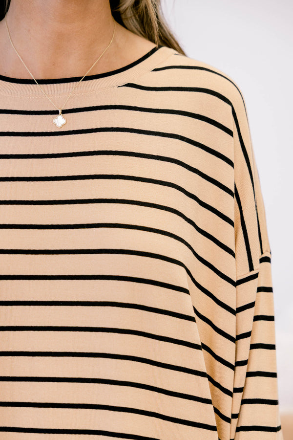 Chic Soul plus size clothing, khaki long sleeve top that has a black stiped pattern as well has a khaki ruffle detail at the bottom of the top 