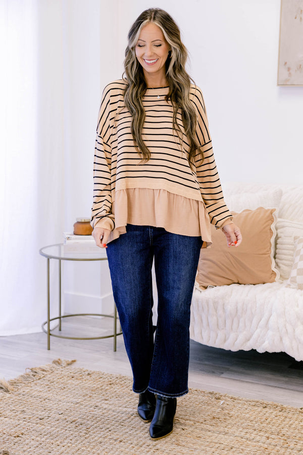 Chic Soul plus size clothing, khaki long sleeve top that has a black stiped pattern as well has a khaki ruffle detail at the bottom of the top 