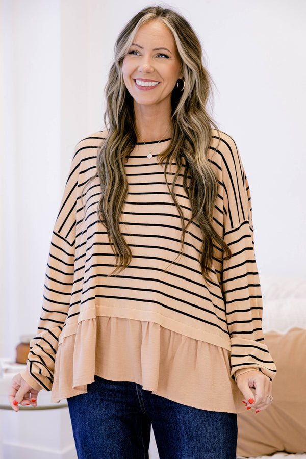 Chic Soul plus size clothing, khaki long sleeve top that has a black stiped pattern as well has a khaki ruffle detail at the bottom of the top 