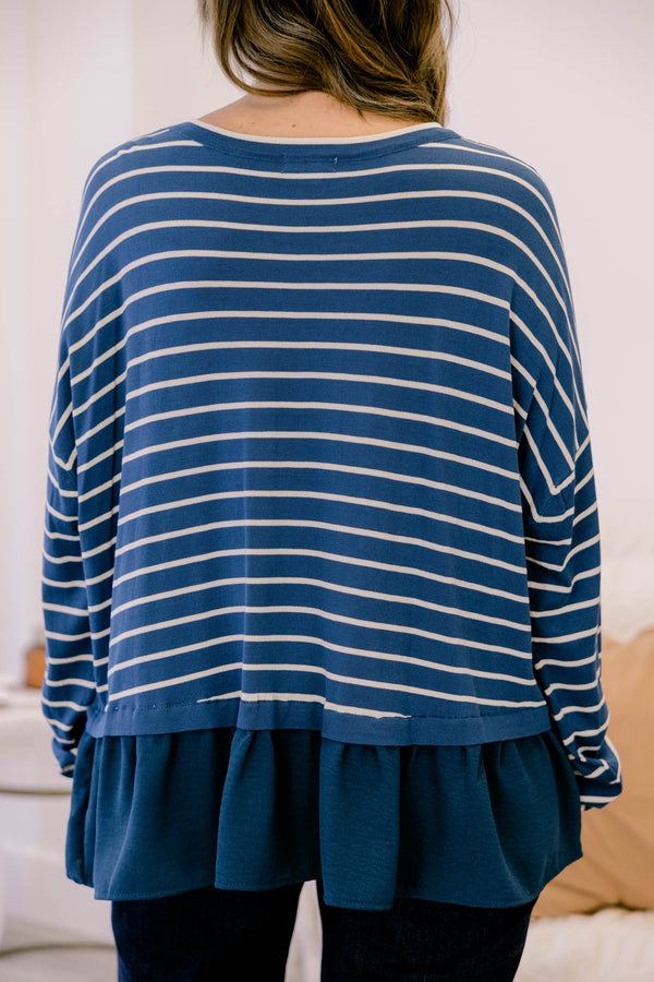 Chic Soul plus size clothing, navy long sleeve crew neck top with thin white horizontal tripes and a ruffle hem