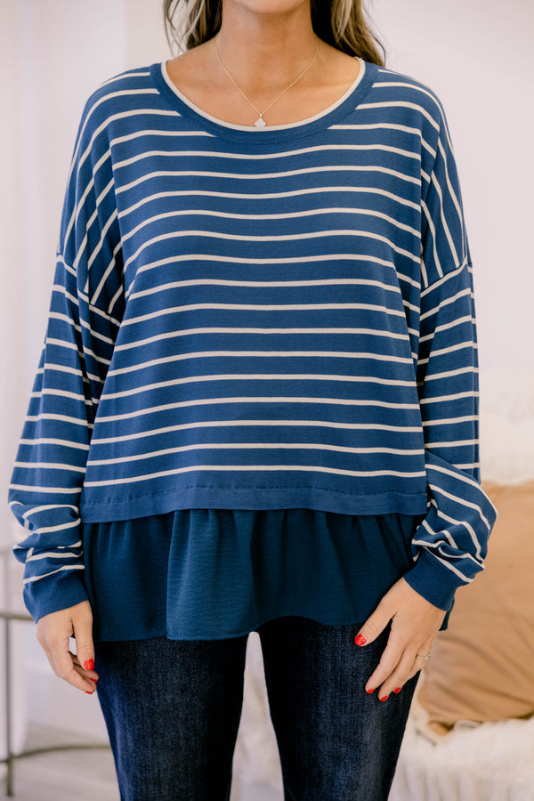 Chic Soul plus size clothing, navy long sleeve crew neck top with thin white horizontal tripes and a ruffle hem