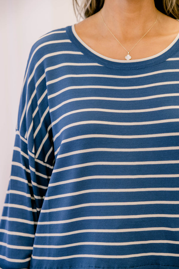 Chic Soul plus size clothing, navy long sleeve crew neck top with thin white horizontal tripes and a ruffle hem