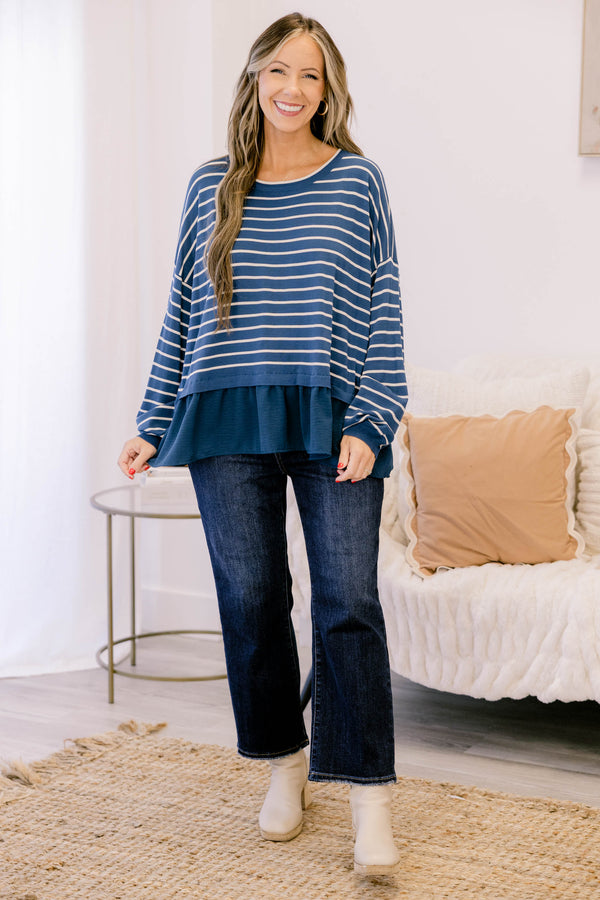 Chic Soul plus size clothing, navy long sleeve crew neck top with thin white horizontal tripes and a ruffle hem