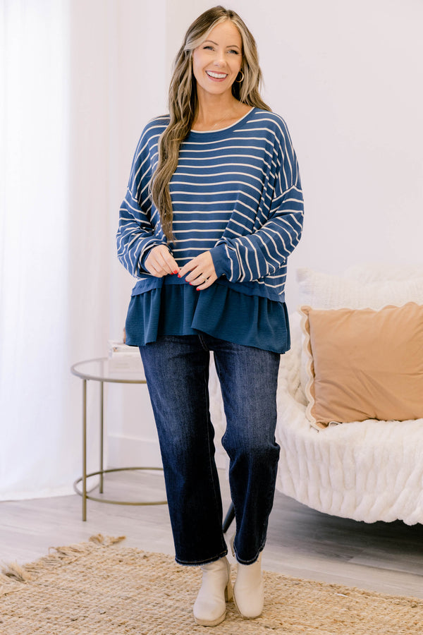 Chic Soul plus size clothing, navy long sleeve crew neck top with thin white horizontal tripes and a ruffle hem