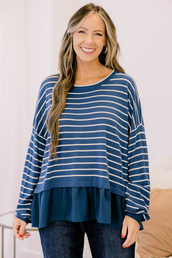 Chic Soul plus size clothing, navy long sleeve crew neck top with thin white horizontal tripes and a ruffle hem