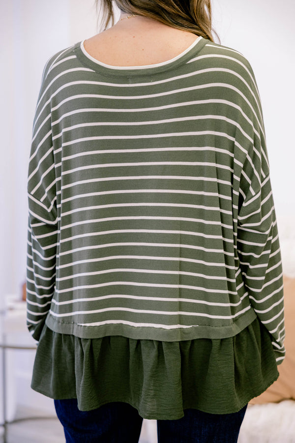 Chic Soul plus size clothing, olive green long sleeve top with white thin horizontal stripes and ruffle hem